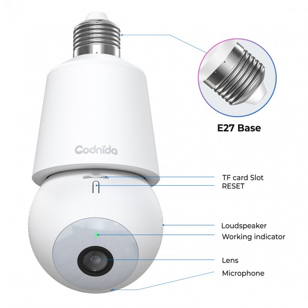 Codnida Security-Camera-Outdoor,Light Bulb Security Camera Wireless with 2K HD Image,Smart Siren Alarm,Motion Detection,24/7 Recording,Color Night Vision,2 Way Audio