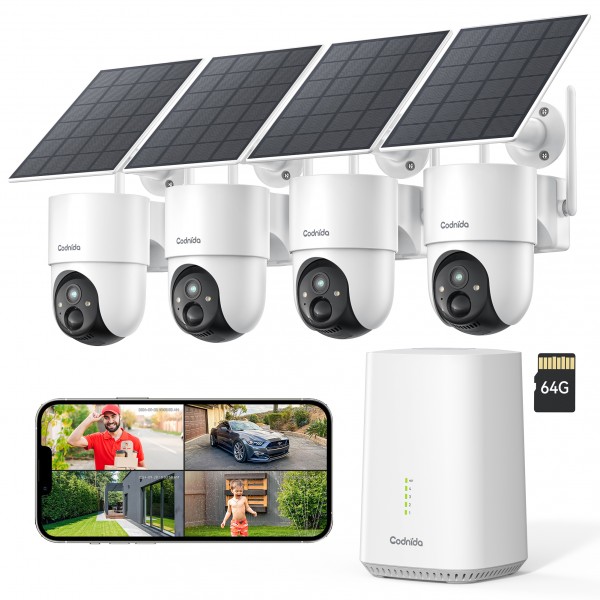 Codnida 4MP Solar Outdoor Surveillance Camera Set with 64GB Local Storage,Colour Night Vision,No ABO Fees,2.4/5GHz WLAN,4-Camera Set