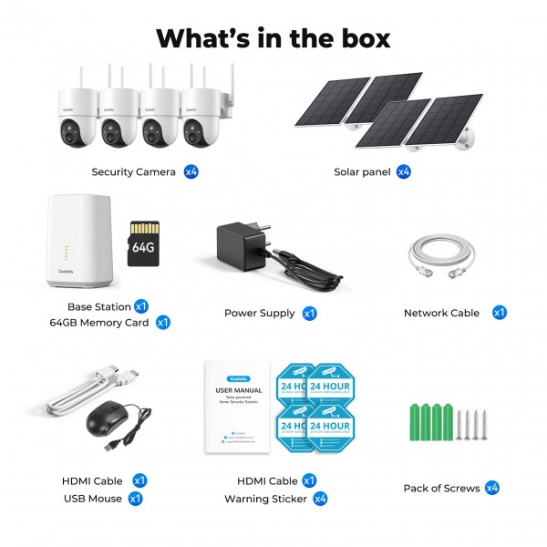 Codnida 4MP Solar Outdoor Surveillance Camera Set with 64GB Local Storage,Colour Night Vision,No ABO Fees,2.4/5GHz WLAN,4-Camera Set