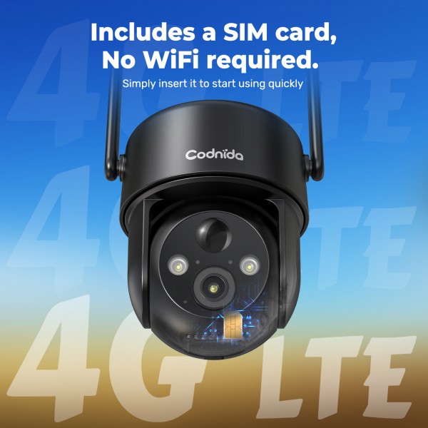 Codnida 4G LTE Wireless Solar-Powered Outdoor Security Camera with SIM Card, 9000mAh Battery, 2K HD, Color Night Vision, Two-Way Audio, IP66