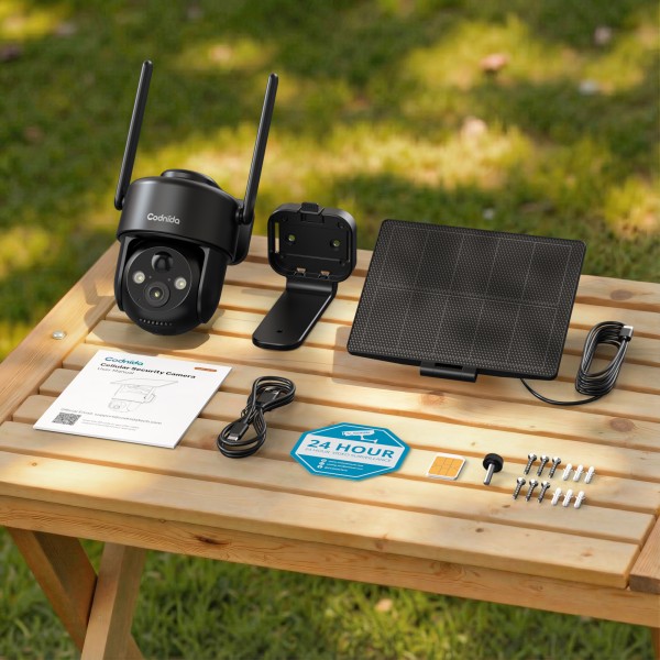 Codnida 4G LTE Wireless Solar-Powered Outdoor Security Camera with SIM Card, 9000mAh Battery, 2K HD, Color Night Vision, Two-Way Audio, IP66