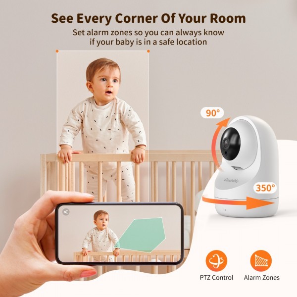 Codnida 5.5’ LCD Babyphone Camera,2k Baby Monitoring Camera with Night Vision,Automatic Tracking,Temperature & Humidity Sensor,Two-way Audio,Lullabies,VOX,LCD & Smartphone Control